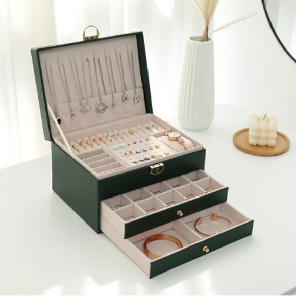 Best Gift Idea Three Layer Lockable PU Leather Jewelry Storage Box w/ Drawers - Picture 5 of 9